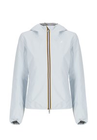 Giacca a vento celeste con cappuccio, polsini elasticizzati, zip a tutta lunghezza e un accento a righe multicolore lungo la zip. Texture liscia e lucida.