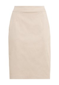 Gonna a tubino beige con texture liscia, vita alta e due tasche frontali. Design semplice e su misura, senza motivi o decorazioni.