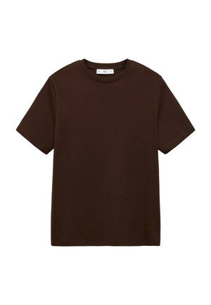 T-shirt en coton marron avec des manches courtes, col rond et une coupe décontractée. Texture lisse sans motifs ni accents visibles.