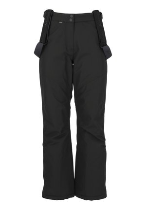 Schwarze Schneehosen mit verstellbaren Trägern, glatter Textur, zwei Knopfverschlüssen und verstärkten Einsätzen für Langlebigkeit.