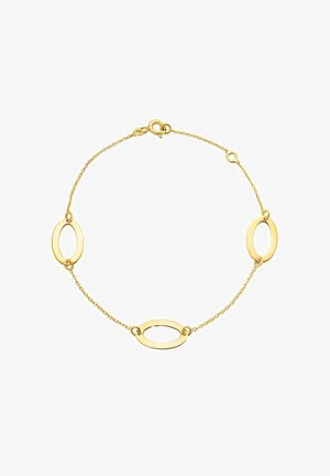 Bracelet en or composé de maillons ovales entrelacés, d'une chaîne délicate et d'un fermoir à homard. Surface lisse, design léger.