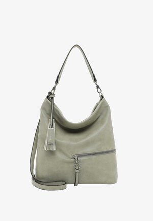 Šedá kožená kabelka přes rameno s uvolněným designem, obsahuje zipovou přední kapsu, zdobení střapci a odnímatelný řemen.