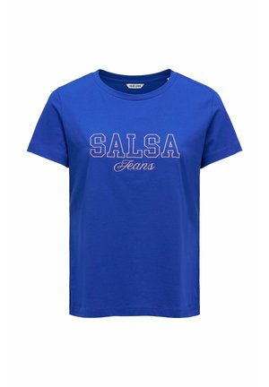 T-shirt blu a maniche corte con la scritta "SALSA Jeans" stampata in lettere bianche contornate sul davanti.