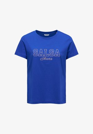 T-shirt blu a maniche corte con la scritta "SALSA Jeans" stampata in lettere bianche contornate sul davanti.