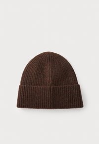 Dunkelbraune Strickmütze mit gerippter Textur und umgeschlagenem Bündchen. Weiche Wollmischung für Wärme und Komfort.