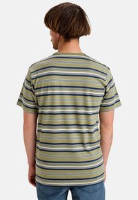 Striped short-sleeve t-shirt in olive green, featuring navy and white horizontal stripes, cotton material, regular fit, and a crew neck.