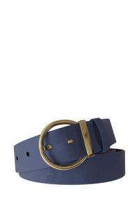 Marineblauer Gürtel mit glatter Oberfläche, runder goldener Schnalle und rechteckigem Dorn. Verfügt über mehrere Löcher für eine anpassbare Passform.