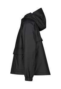 Black waterproof jacket with a hood, elastic cuffs, and side pockets. Smooth texture and a relaxed fit, designed for outdoor wear.