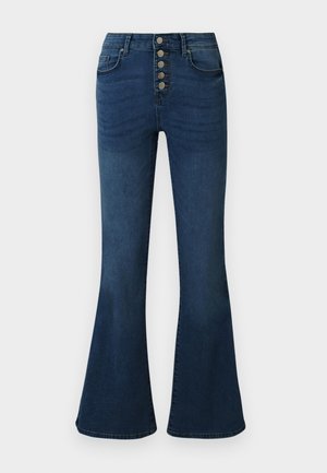 Donkerblauwe denim flared jeans met een hoge taille en een sluiting met vijf knopen aan de voorkant. Soepele textuur met subtiele vervaging en stiksel details.