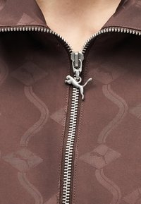 Κοντινό πλάνο καφέ μπουφάν με ασημένιο φερμουάρ, που διαθέτει τσέπη με φερμουάρ σε σχήμα πάνθηρα και διακριτικά κεντημένα σχέδια κυμάτων και ρόμβων.