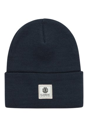Berretto in maglia blu navy scuro con risvolto, dotato di un'etichetta quadrata bianca con la scritta "Element" e quattro icone degli elementi.