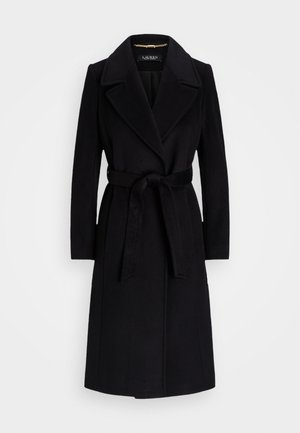 Black wool coat featuring a notched lapel, long sleeves, a belted waist, and a straight silhouette. Smooth texture with no patterns.