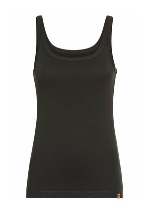 Dark green sleeveless tank top with a rounded neckline. Made of smooth, soft fabric. Features a small brand logo at the hem.