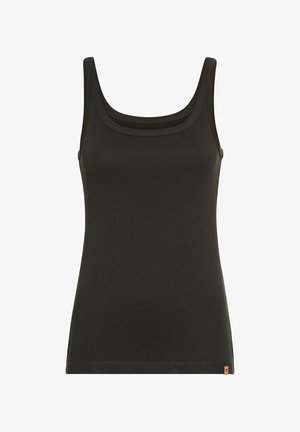 Dark green sleeveless tank top with a rounded neckline. Made of smooth, soft fabric. Features a small brand logo at the hem.