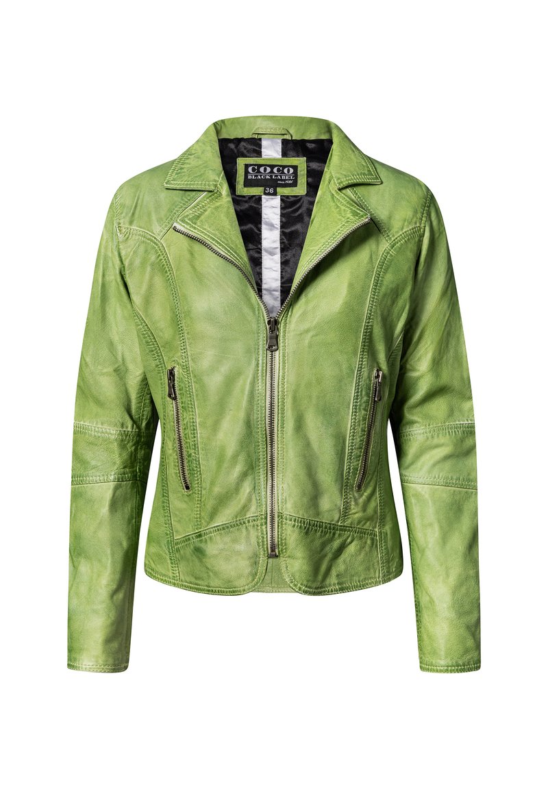Grüne Lederjacke mit Reißverschluss, eingefasstem Kragen und zwei Seitentaschen. Verfügt über eine strukturierte Oberfläche und einen kontrastierenden schwarzen Innenfutter.