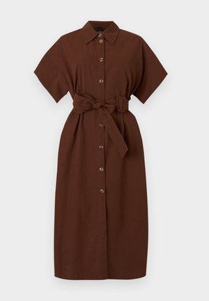 Brown midi-length shirt dress with short sleeves, front buttons, pointed collar, and a tied fabric belt with buckle at the waist.