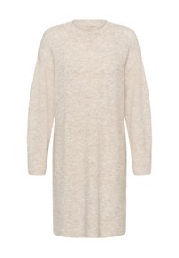 Bež pleteni džemper haljina s dugim rukavima, okruglim izrezom i mekanom teksturom. Ima opušteni kroj i minimalistički dizajn, idealna za slojevito nošenje.