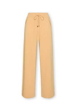 Beige wijde broek met een trekkoord in de taille, twee zijzakken en een zachte, gladde textuur. Het ontwerp heeft een ontspannen, losse pasvorm.