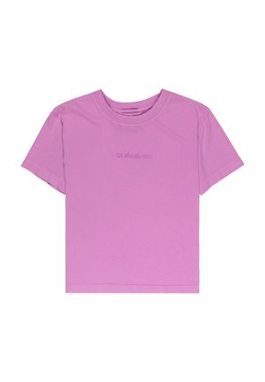T-shirt a maniche corte in morbido tessuto viola chiaro. Presenta un collo a giro e un logo in rilievo sul davanti, con una vestibilità comoda.