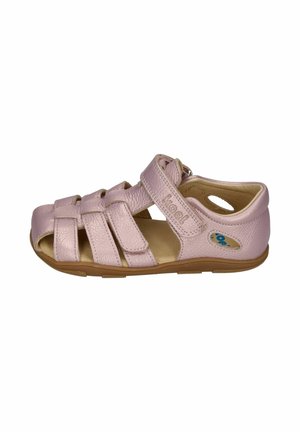 Light pink leather toddler sandal with multiple straps, velcro closure, cushioned inner sole, and brown rubber sole.