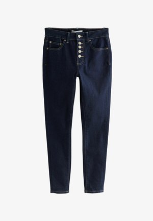 Jeans din denim albastru închis cu talie înaltă, închidere frontală cu cinci nasturi și patru buzunare. Prezintă cusături contrastante și un design slim fit.