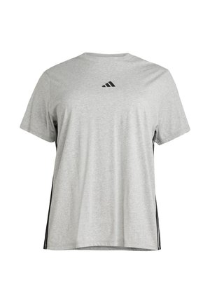 Harmaa lyhythihainen t-paita pehmeästä kankaasta, jossa on pyöreä kaula-aukko ja musta Adidas-logo rinnassa. Mustat sivuaksentit.