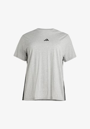 Gray short-sleeve t-shirt made of soft fabric, featuring a round neckline and black Adidas logo on the chest. Black side accents.