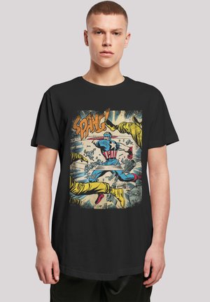 Black T-shirt featuring a comic book graphic with a blue superhero in a red and white costume fighting against yellow figures.