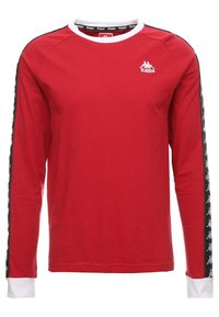 Rode langemouwen t-shirt van katoen, met een witte kraag en zwarte mouwen met een herhalend logopatroon. Regular fit.