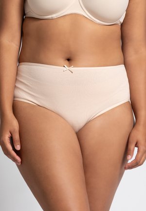 Beige high-waisted ondergoed van zacht, rekbaar materiaal. Heeft een gladde textuur en een kleine decoratieve strik aan de voorkant van de tailleband.