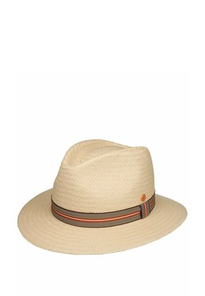 Beige woven fedora hat with a patterned brown and orange band around the base of the crown, set against a white background.