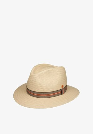 Beige woven fedora hat with a patterned brown and orange band around the base of the crown, set against a white background.