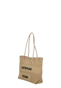 Borsa tote in rete beige con manici in pelle morbida, caratterizzata dal testo "GATTINONI" e "ROMA". Forma rettangolare e superficie texturizzata.