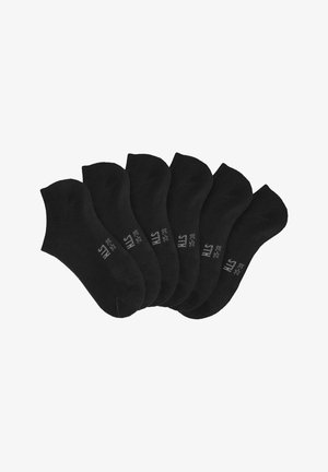 Schwarze Knöchelsocken im Paket mit sechs Paaren. Weicher Stoff mit geripptem Muster. Größe 35-38 auf jeder Socke gedruckt. Klassisches Design ohne auffällige Muster.