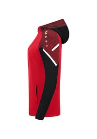 Rot und schwarze Kapuzenjacke mit gemusterter Kapuze, seitlichen Reißverschlusstaschen und weißen Akzenten an den Ärmeln. Verfügt über ein schlankes Design.