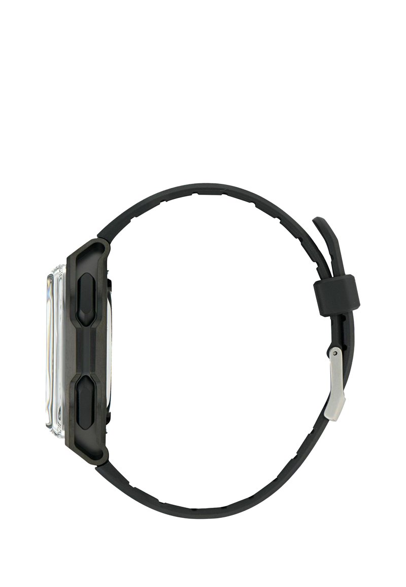 Black digital wristwatch with two side buttons, rectangular face, and adjustable buckle strap shown from the side on a white background.