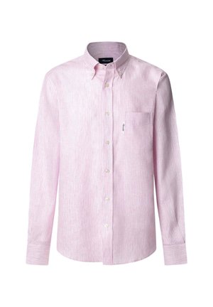 Chemise à rayures roses et blanches, à manches longues, avec une poche poitrine unique, en coton avec une texture lisse. Équipée de boutons blancs.