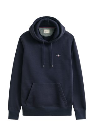 Sweat à capuche bleu marine en mélange de coton doux, doté d'une poche kangourou, de cordons réglables et d'un petit logo brodé sur la poitrine.
