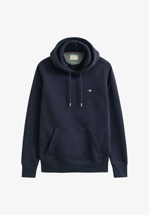 Navyblauer Hoodie aus weichem Baumwollmischgewebe, mit Kängurutasche, verstellbaren Kordeln und einem kleinen, auf der Brust gestickten Logo.