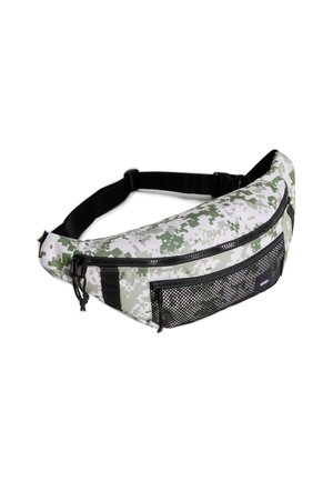 Bauchtasche mit grün-weißem Digital-Tarnmuster, schwarzem verstellbarem Riemen, Hauptreißverschlusstasche und vorderer Netz-Reißverschlusstasche.