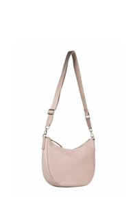 Sac à bandoulière en cuir rose avec une forme incurvée, une sangle réglable et une quincaillerie argentée. Dispose d'une fermeture éclair et d'une surface texturée.