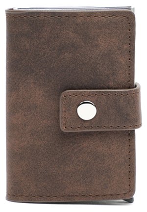 Brown leather wallet with a smooth texture, rounded rectangle shape, and a snap closure accent. Features visible stitching along edges.