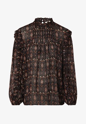 Schwarze Bluse mit hohem Kragen, langen Ärmeln und Rüschendetails. Verfügt über ein braunes geometrisches Muster und dezente Falten.