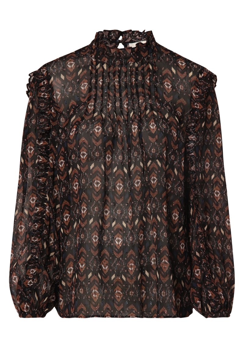 Schwarze Bluse mit hohem Kragen, langen Ärmeln und Rüschendetails. Verfügt über ein braunes geometrisches Muster und dezente Falten.