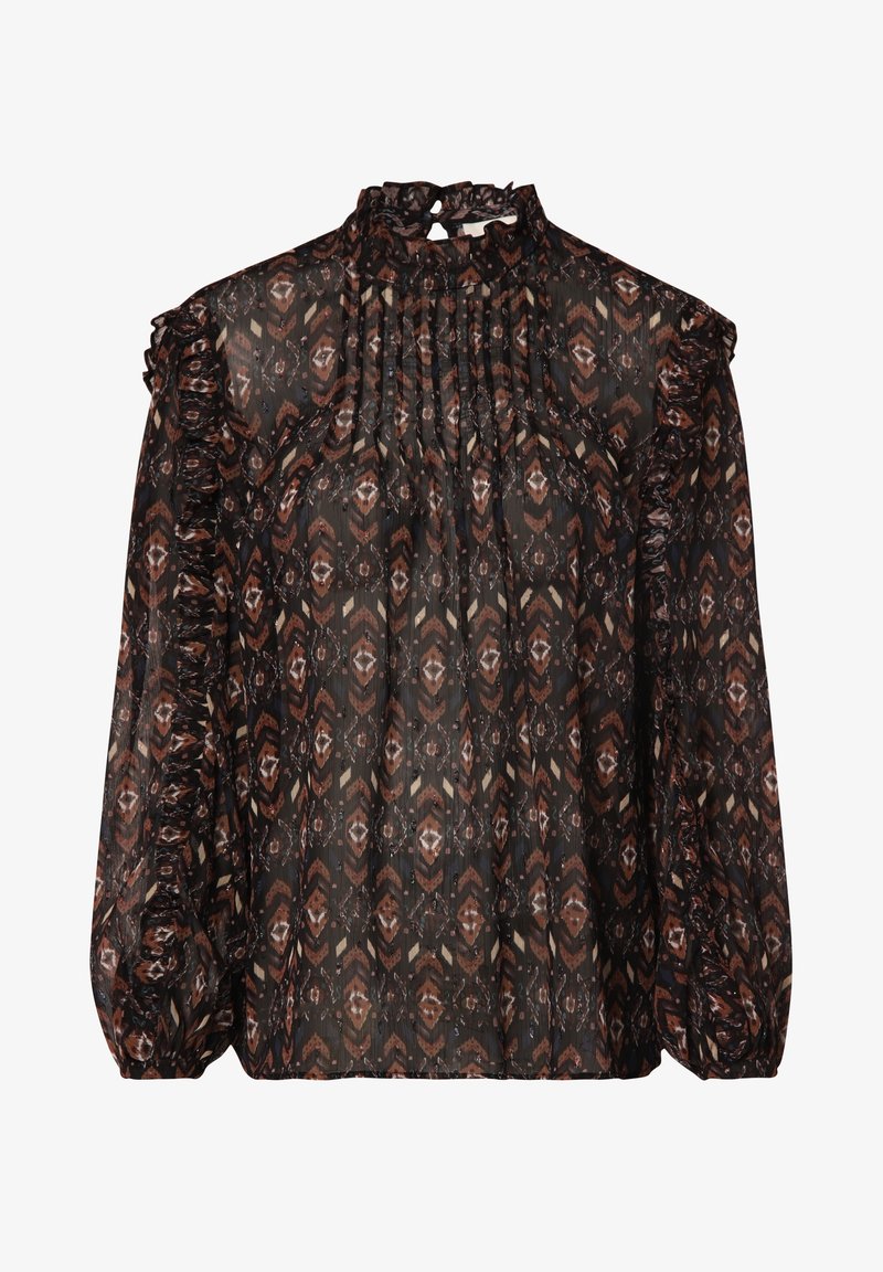 Schwarze Bluse mit hohem Kragen, langen Ärmeln und Rüschendetails. Verfügt über ein braunes geometrisches Muster und dezente Falten.