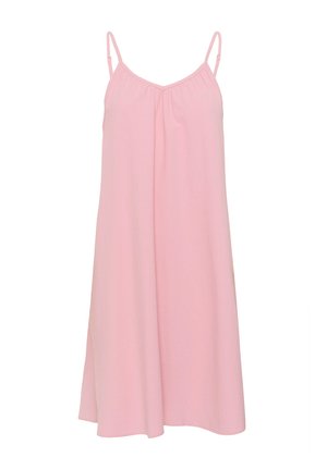 Robe sans manches rose en tissu doux, dotée d'un décolleté en V et d'une coupe ample qui tombe doucement du buste à l'ourlet.