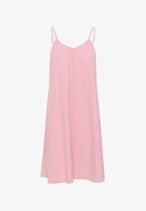 Pink sleeveless dress made of soft fabric, featuring a v-neckline and loose fit that drapes gently from the bodice to the hem.
