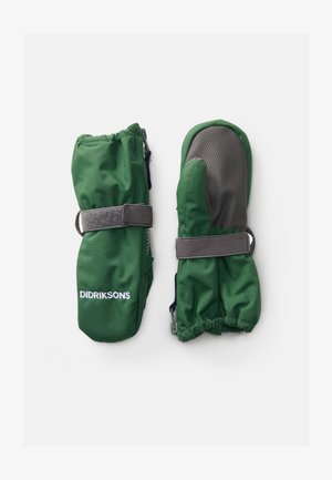 Grüne isolierte Fäustlinge mit verstellbaren Handgelenkgurten, einer zeigt eine strukturierte Griffinnenseite und das "Didriksons"-Logo auf der Rückseite.