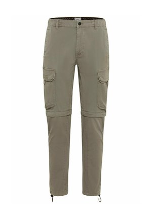 Light khaki cargo pants with adjustable cuffs, two side pockets, and zippered legs for conversion to shorts. Made from durable fabric.