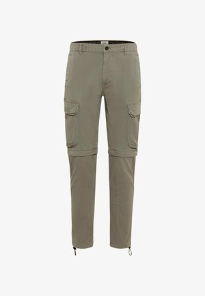 Light khaki cargo pants with adjustable cuffs, two side pockets, and zippered legs for conversion to shorts. Made from durable fabric.